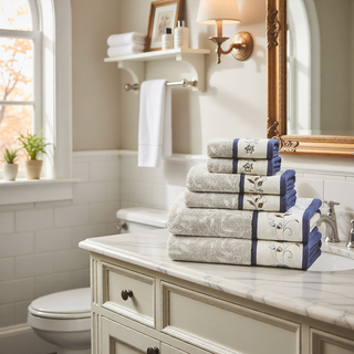 Sunvega Elegant Cotton Jacquard 6 Piece Towel Set with Floral Embroidery