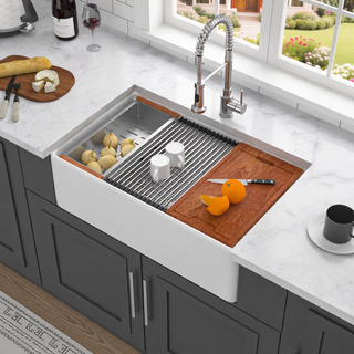 Sunvega 33 Inch White Porcelain Ceramic Farmhouse Kitchen Sink Workstation with Reversible Apron