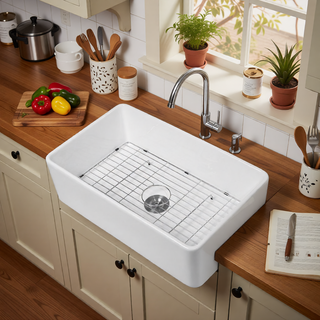 Sunvega 33 Inch White Porcelain Ceramic Farmhouse Kitchen Sink Workstation with Reversible Apron