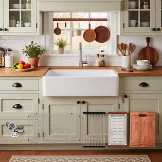Sunvega 33 Inch White Porcelain Ceramic Farmhouse Kitchen Sink Workstation with Reversible Apron