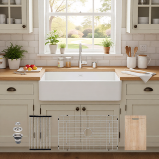 Sunvega 33 Inch White Porcelain Ceramic Farmhouse Kitchen Sink Workstation with Reversible Apron