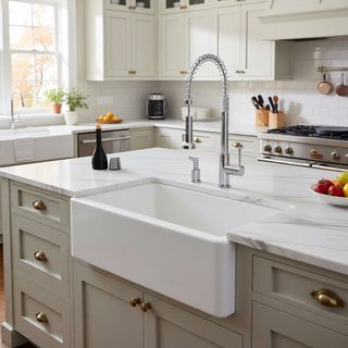 Sunvega 33 Inch White Porcelain Ceramic Farmhouse Kitchen Sink Workstation with Reversible Apron