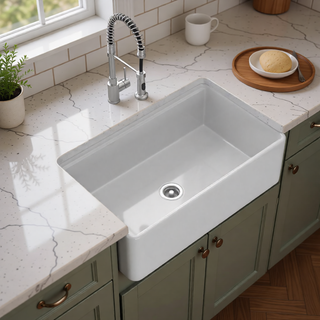 Sunvega 33 Inch White Porcelain Ceramic Farmhouse Kitchen Sink Workstation with Reversible Apron