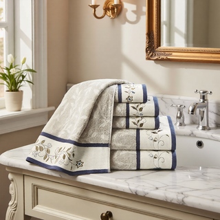 Sunvega Elegant Cotton Jacquard 6 Piece Towel Set with Floral Embroidery
