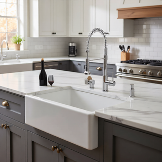 Sunvega 33 Inch White Porcelain Ceramic Farmhouse Kitchen Sink Workstation with Reversible Apron