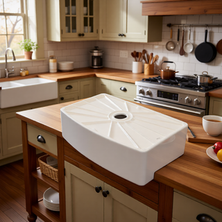 Sunvega 33 Inch White Porcelain Ceramic Farmhouse Kitchen Sink Workstation with Reversible Apron