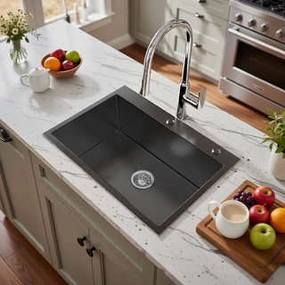 Sunvega 32x19 Inch Overmount Single Bowl Kitchen Sink in Brushed Nickel