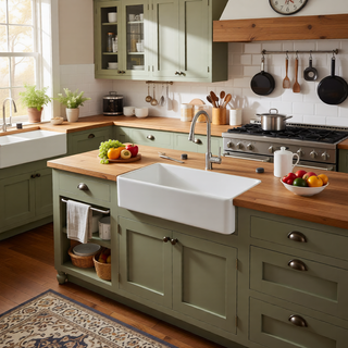Sunvega 33 Inch White Porcelain Ceramic Farmhouse Kitchen Sink Workstation with Reversible Apron