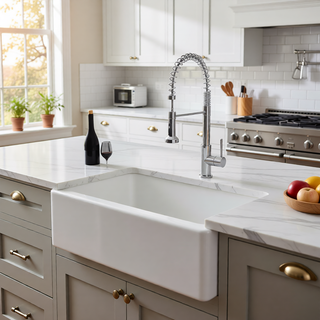 Sunvega 33 Inch White Porcelain Ceramic Farmhouse Kitchen Sink Workstation with Reversible Apron