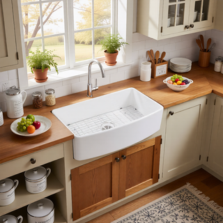 Sunvega 33 Inch White Porcelain Ceramic Farmhouse Kitchen Sink Workstation with Reversible Apron