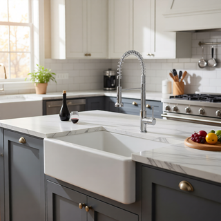 Sunvega 33 Inch White Porcelain Ceramic Farmhouse Kitchen Sink Workstation with Reversible Apron