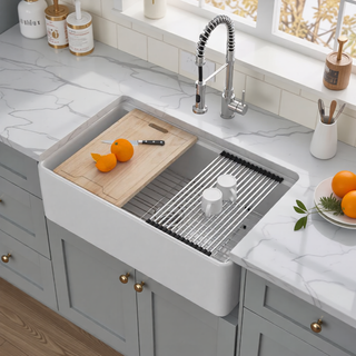 Sunvega 33 Inch White Porcelain Ceramic Farmhouse Kitchen Sink Workstation with Reversible Apron