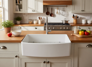 Sunvega 33 Inch White Porcelain Ceramic Farmhouse Kitchen Sink Workstation with Reversible Apron