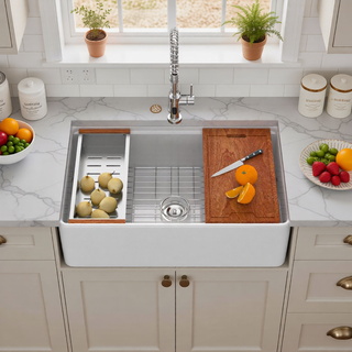 Sunvega 33 Inch White Porcelain Ceramic Farmhouse Kitchen Sink Workstation with Reversible Apron