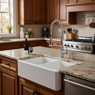 Sunvega 33 Inch White Porcelain Ceramic Farmhouse Kitchen Sink Workstation with Reversible Apron