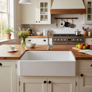 Sunvega 33 Inch White Porcelain Ceramic Farmhouse Kitchen Sink Workstation with Reversible Apron
