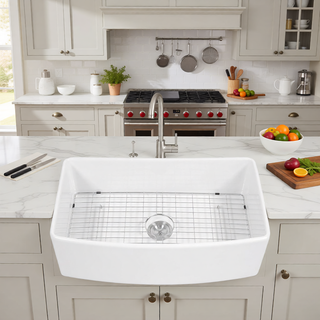Sunvega 33 Inch White Porcelain Ceramic Farmhouse Kitchen Sink Workstation with Reversible Apron