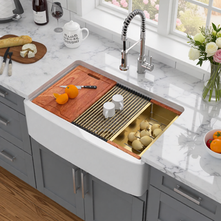 Sunvega 33 Inch White Porcelain Ceramic Farmhouse Kitchen Sink Workstation with Reversible Apron