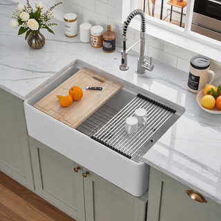 Sunvega 33 Inch White Porcelain Ceramic Farmhouse Kitchen Sink Workstation with Reversible Apron