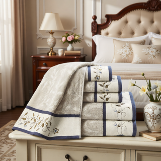 Sunvega Elegant Cotton Jacquard 6 Piece Towel Set with Floral Embroidery