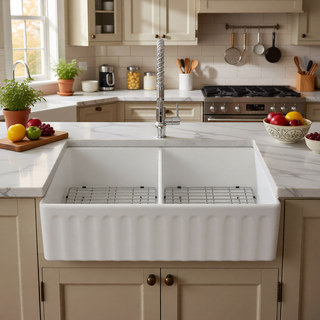 Sunvega 33 Inch White Porcelain Ceramic Farmhouse Kitchen Sink Workstation with Reversible Apron