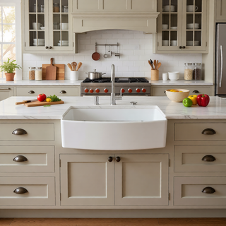 Sunvega 33 Inch White Porcelain Ceramic Farmhouse Kitchen Sink Workstation with Reversible Apron