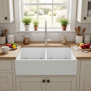 Sunvega 33 Inch White Porcelain Ceramic Farmhouse Kitchen Sink Workstation with Reversible Apron