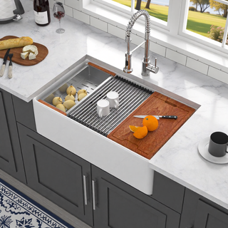 Sunvega 33 Inch White Porcelain Ceramic Farmhouse Kitchen Sink Workstation with Reversible Apron