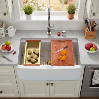 Sunvega 33 Inch White Porcelain Ceramic Farmhouse Kitchen Sink Workstation with Reversible Apron