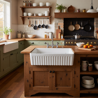 Sunvega 33 Inch White Porcelain Ceramic Farmhouse Kitchen Sink Workstation with Reversible Apron