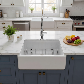Sunvega 33 Inch White Porcelain Ceramic Farmhouse Kitchen Sink Workstation with Reversible Apron