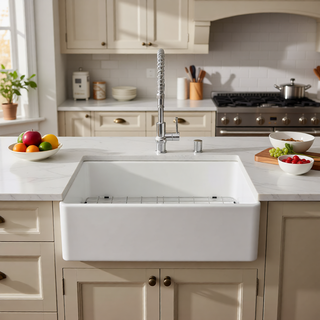 Sunvega 33 Inch White Porcelain Ceramic Farmhouse Kitchen Sink Workstation with Reversible Apron