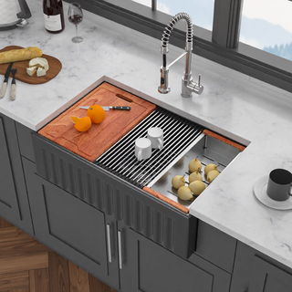 Sunvega 33 Inch White Porcelain Ceramic Farmhouse Kitchen Sink Workstation with Reversible Apron