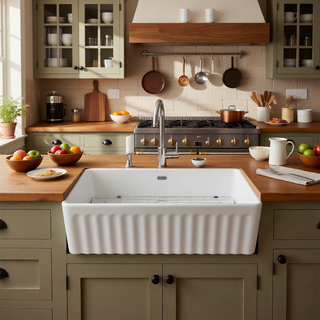 Sunvega 33 Inch White Porcelain Ceramic Farmhouse Kitchen Sink Workstation with Reversible Apron