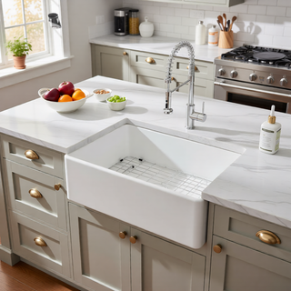 Sunvega 33 Inch White Porcelain Ceramic Farmhouse Kitchen Sink Workstation with Reversible Apron