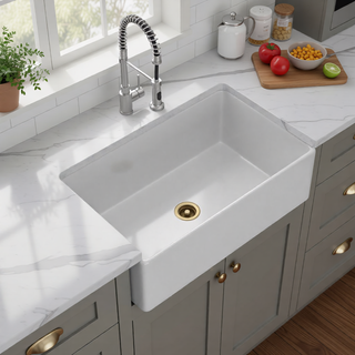 Sunvega 33 Inch White Porcelain Ceramic Farmhouse Kitchen Sink Workstation with Reversible Apron