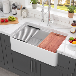 Sunvega 33 Inch White Porcelain Ceramic Farmhouse Kitchen Sink Workstation with Reversible Apron