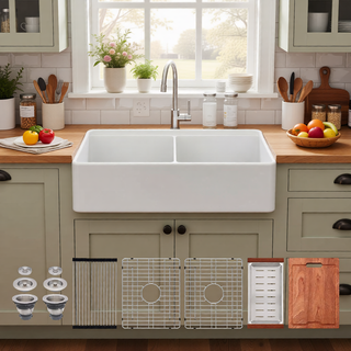 Sunvega 33 Inch White Porcelain Ceramic Farmhouse Kitchen Sink Workstation with Reversible Apron