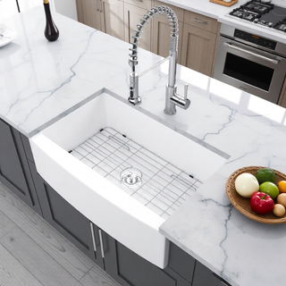 Sunvega 33 Inch White Porcelain Ceramic Farmhouse Kitchen Sink Workstation with Reversible Apron