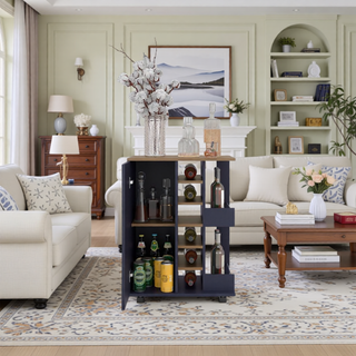 Sunvega Bar Cart with Two External Shelves, Four Locking Casters, and a Single Door Cabinet