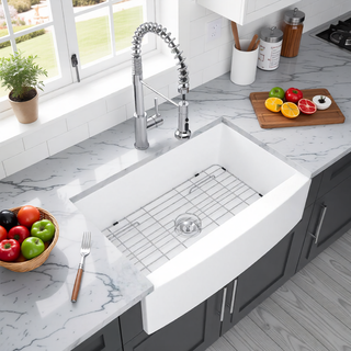 Sunvega 33 Inch White Porcelain Ceramic Farmhouse Kitchen Sink Workstation with Reversible Apron