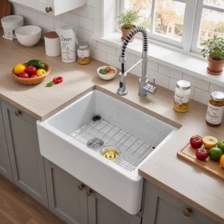 Sunvega 33 Inch White Porcelain Ceramic Farmhouse Kitchen Sink Workstation with Reversible Apron