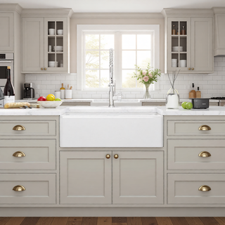 Sunvega 33 Inch White Porcelain Ceramic Farmhouse Kitchen Sink Workstation with Reversible Apron