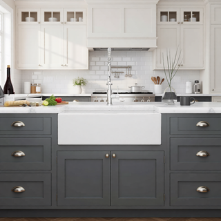 Sunvega 33 Inch White Porcelain Ceramic Farmhouse Kitchen Sink Workstation with Reversible Apron