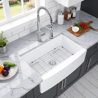 Sunvega 33 Inch White Porcelain Ceramic Farmhouse Kitchen Sink Workstation with Reversible Apron