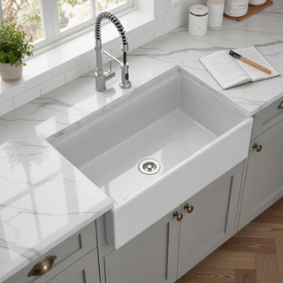 Sunvega 33 Inch White Porcelain Ceramic Farmhouse Kitchen Sink Workstation with Reversible Apron