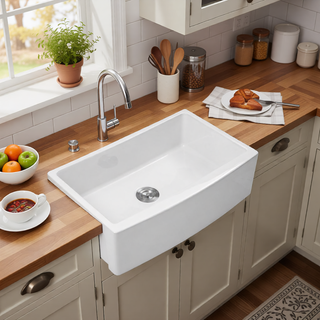Sunvega 33 Inch White Porcelain Ceramic Farmhouse Kitchen Sink Workstation with Reversible Apron
