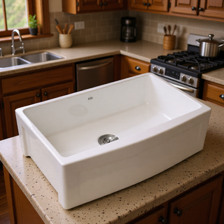 Sunvega 33 Inch White Porcelain Ceramic Farmhouse Kitchen Sink Workstation with Reversible Apron