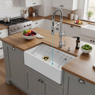 Sunvega 33 Inch White Porcelain Ceramic Farmhouse Kitchen Sink Workstation with Reversible Apron