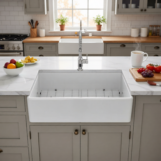 Sunvega 33 Inch White Porcelain Ceramic Farmhouse Kitchen Sink Workstation with Reversible Apron